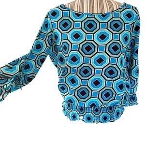 Michael Kors Blue Asymmetrical Blouse with adjustable sleeves & gathered waist